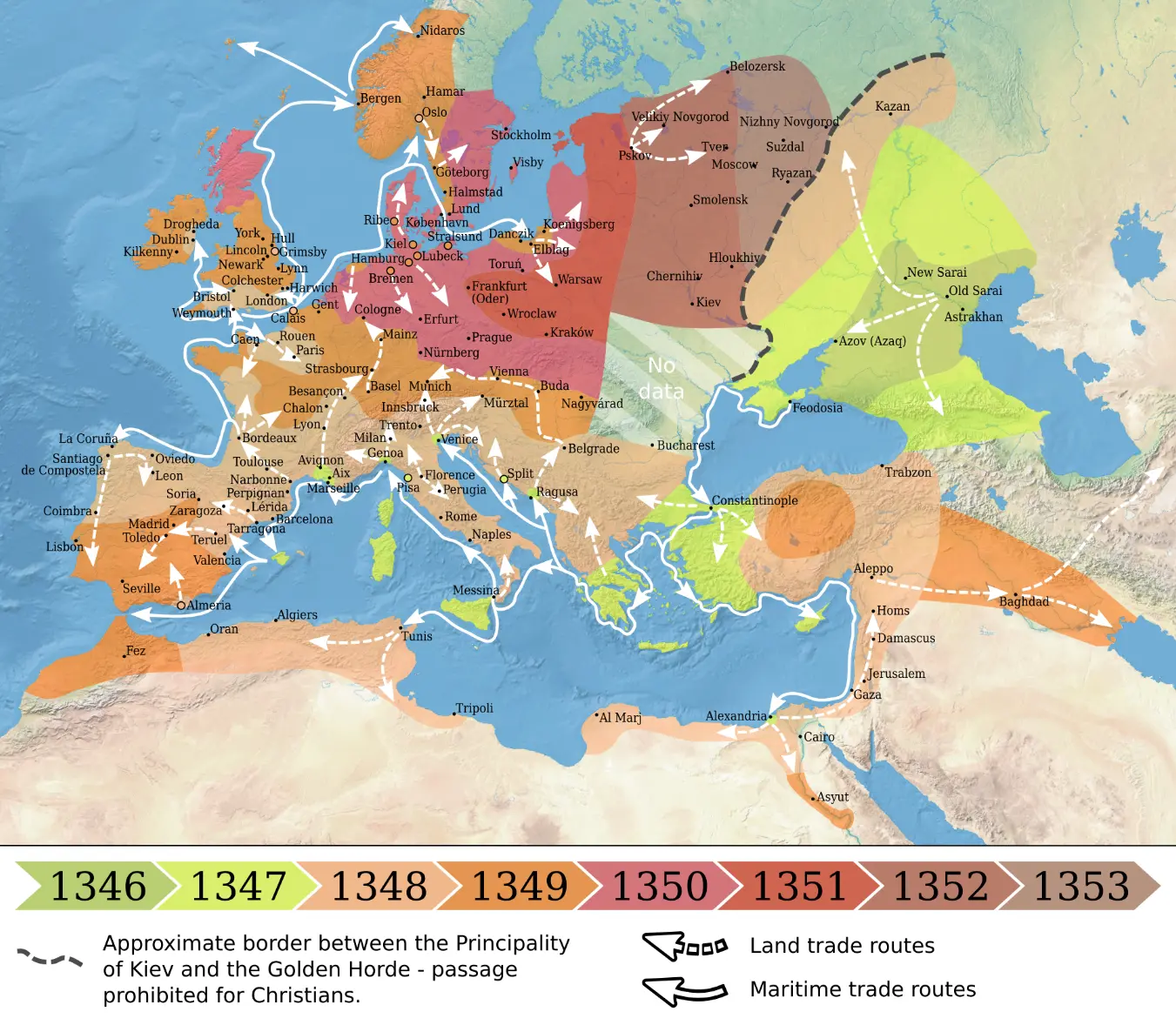 Map showing the spread of the Black Death in Europe between 1346 and 1353.