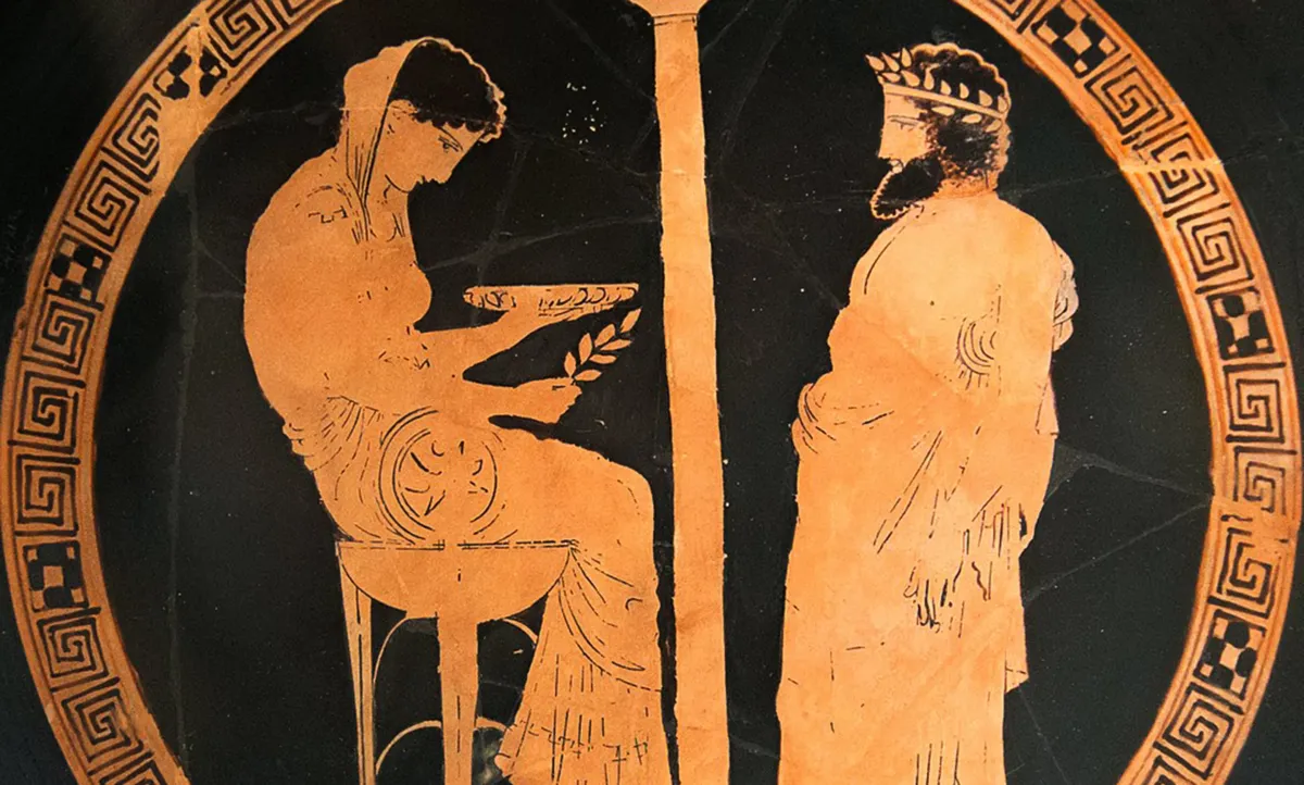 King Aigeus in front of the Pythia at the Oracle of Delphi