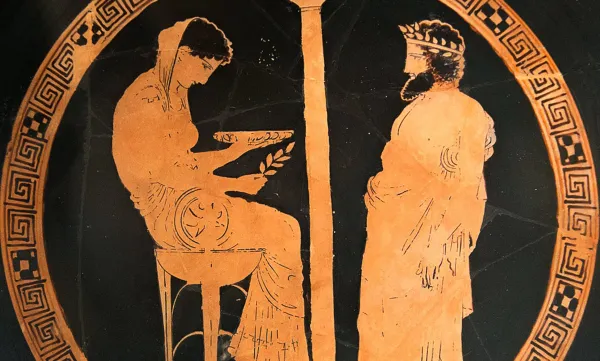 King Aigeus in front of the Pythia at the Oracle of Delphi